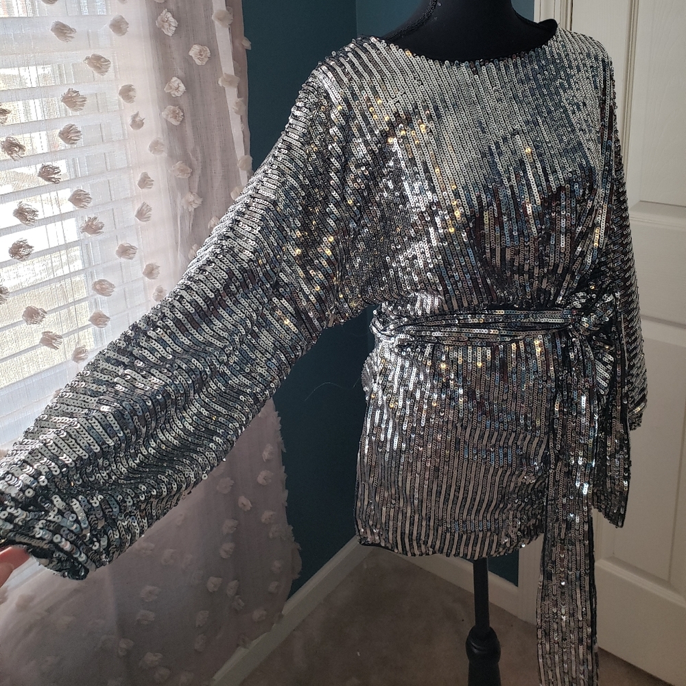 Fashion Nova Silver Sequin Long Sleeve Mini Dress